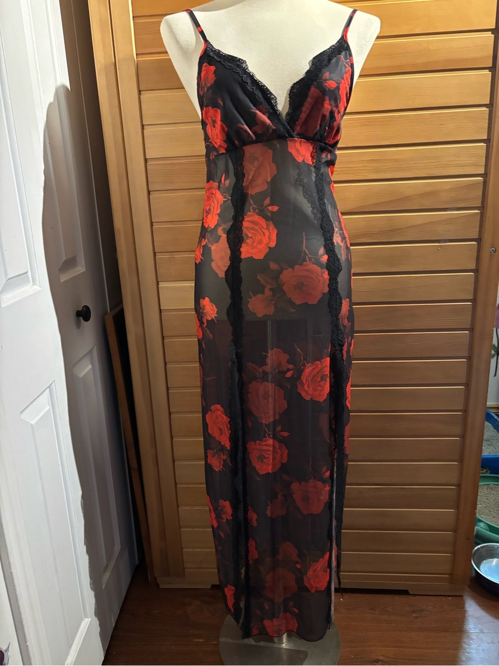 Sheer Black Slip Dress with Red Rose Print